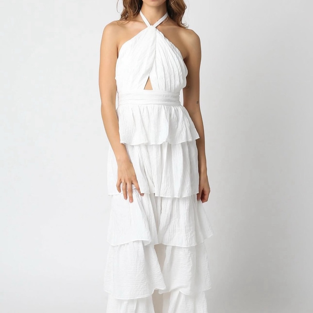 Elegant White Halter Tiered Dress